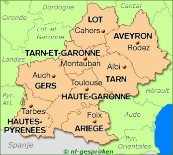 KAART MIDI-PYRÉNÉES (DEPARTEMENTEN) 